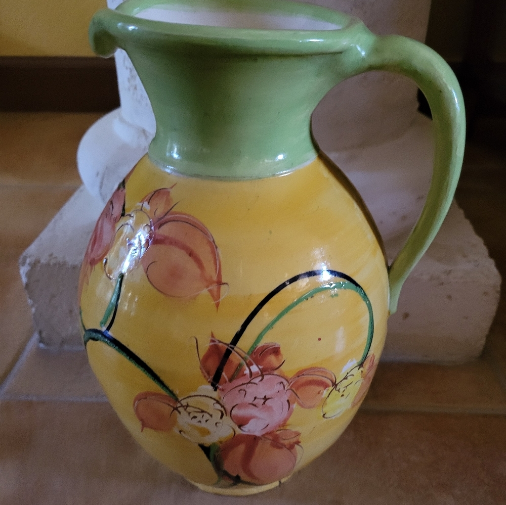Floral Ceramic Pitcher - Green and Yellow made in France